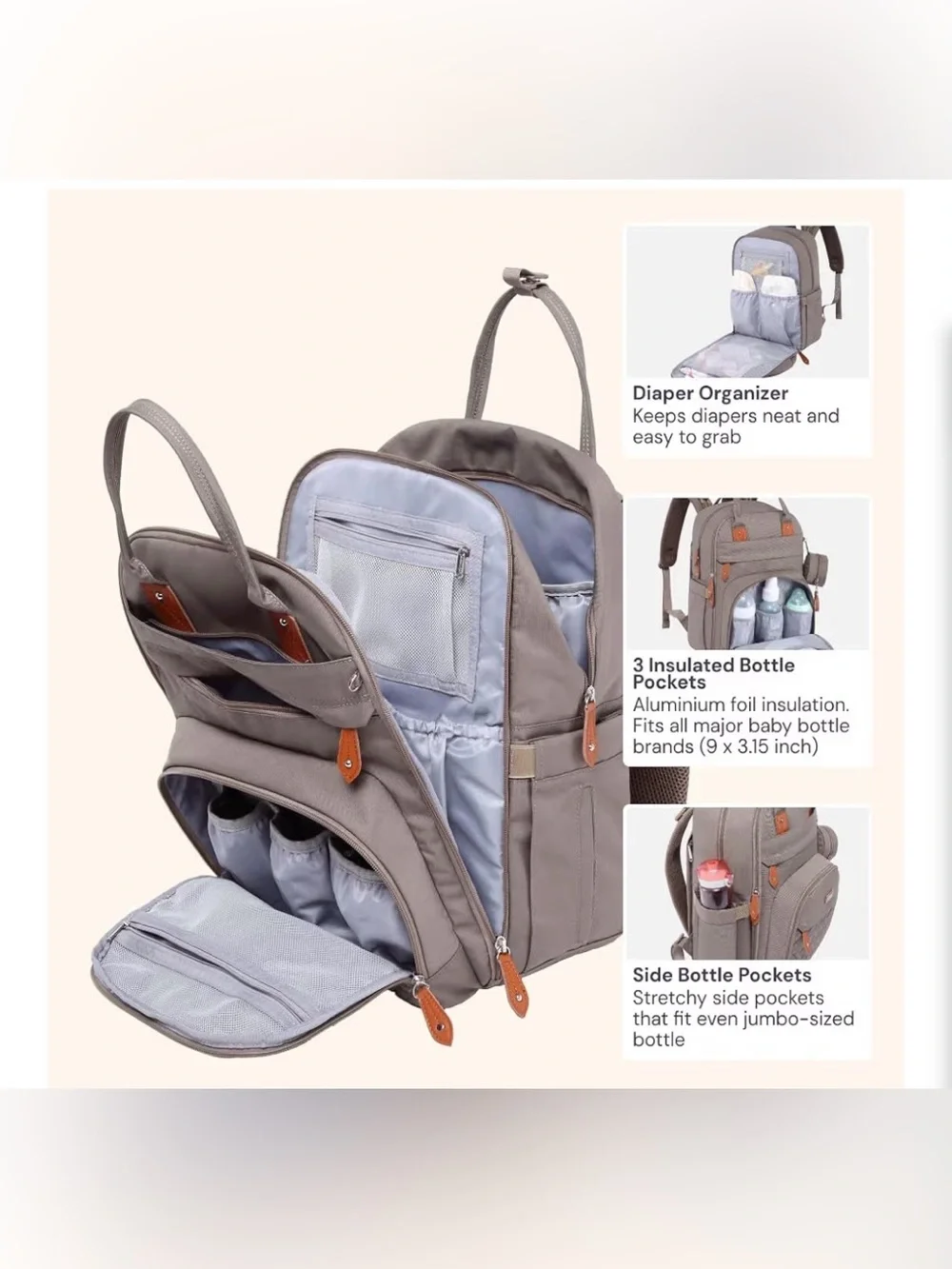 BabbleRoo Unisex Diaper Bag Khaki Color